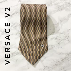 Versace V2 Grey Orange Checkered Silk Tie GUC